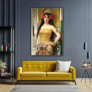 SML Tablo Yağlı Boya Efektli Osmanlı Harem Güzeli Çiçek Tokalı Kız Kanvas Tablo