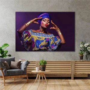 SML Tablo Geleneksel Kıyafetli Afrikalı Kadın Model Etnik Takı Kanvas Tablo