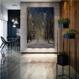 SML Tablo Gece Karda Yürüyen Çift Ayak İzleri Yağlı Boya Efektli Manzara Dekor Kanvas Tablo