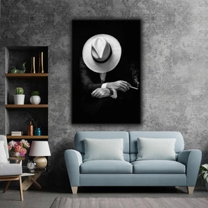 SML Tablo Beyaz Şapkalı Siyah Takım Elbiseli Sigara İçen Adam Kanvas Tablo