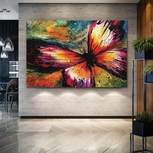 SML Tablo Kanatlarını Açmış Soyut Yağlı Boya Efektli Kelebek Art Dekoratif Kanvas Tablo