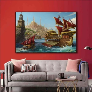 SML Tablo Yağlı Boya Efektli Gemi İstanbul Boğazı Surlar Osmanlı Kanvas Tablo