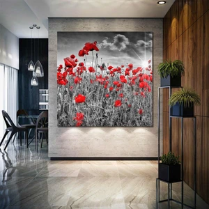 SML Tablo Gün Batımında Gelincik Çiçeği Bahçesi Kırmızı Çiçek Doğa Manzara Kanvas Tablo