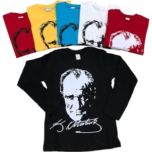 Dıgıl Kids Atatürk Uzun Kollu Penye Süper Tişört 23 Nisan 29 Ekim 10 Kasım Siyah Beyaz Kırmızı Sarı Turkuaz