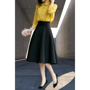 Kadın Siyah  Midi Boy Yüksek Bel A-Line Saten Etek