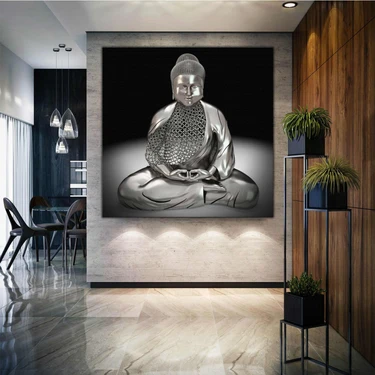SML Tablo 3D Görünmlü Metal Buda Heykel Budizm Dua Keşiş Meditasyon Kanvas