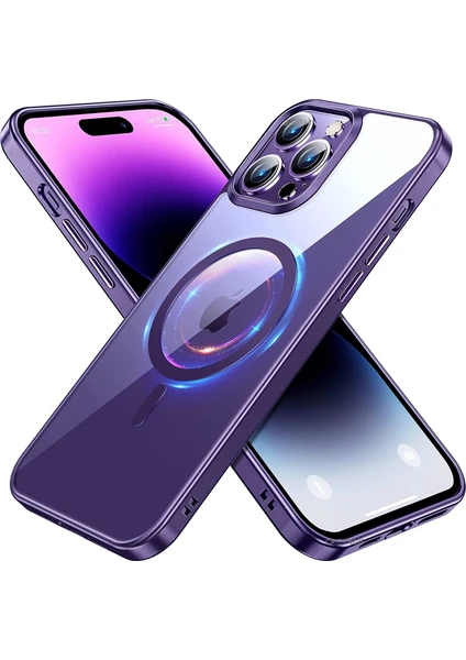 MTK Moveteck Apple Iphone 14 Pro Max Uyumlu Kılıf Kamera Lens Korumalı Derin Mor Kenarlı Parlak Pc Sert Kapak Ince Hayalet Magsafe Halkalı Wireless Şarj Özellikli Renkli Halkalı Clear Gbox Pixel