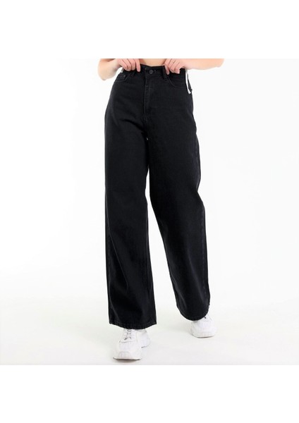 Kadın Siyah Yüksek Bel Geniş Paça Wide Leg Kot Pantolon