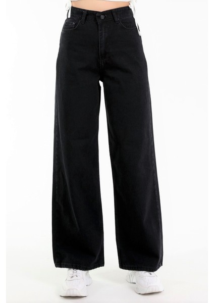 Kadın Siyah Yüksek Bel Geniş Paça Wide Leg Kot Pantolon