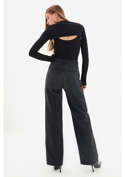 Makaron Siyah Likralı Süper Yüksek Bel Wide Leg Jean Salaş Paça Kot Pantolon fırsatları