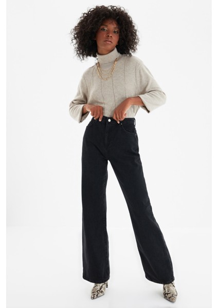 Süper Yüksek Bel Siyah Denim Kumaş Bol Paça Jeans