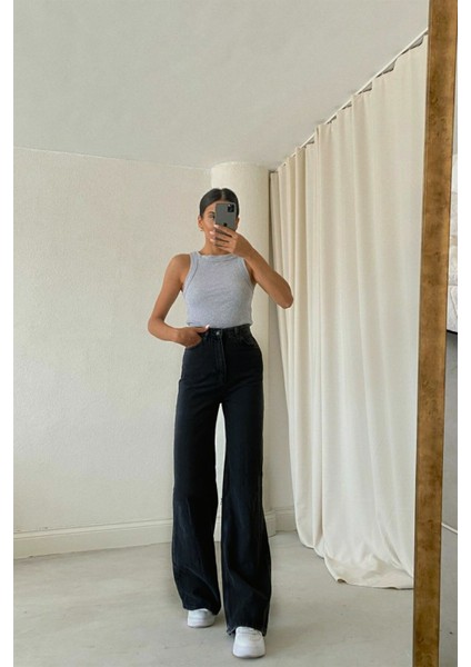 Saudade Siyah Likralı Süper Yüksek Bel Wide Leg Jean Salaş Geniş Paça Kot Pantolon