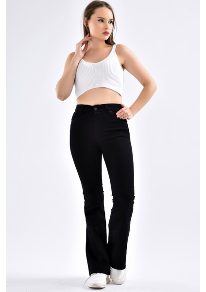 Kadın Selana Siyah Likralı Extra Yüksek Bel Ispanyol Paça Kot Pantolon indirimleri