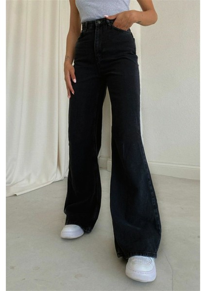 Saudade Siyah Likralı Süper Yüksek Bel Wide Leg Jean Salaş Geniş Paça Kot Pantolon