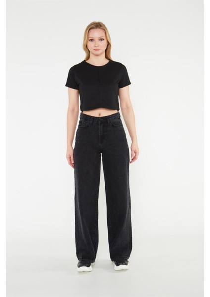 Siyah Wide Leg Etkili Fermuarlı Süper Yüksek Bel Jeans Salaş Kot Pantolon ( Solmaz Kumaş)