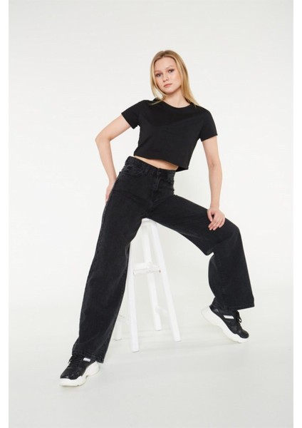 Siyah Wide Leg Etkili Fermuarlı Süper Yüksek Bel Jeans Salaş Kot Pantolon ( Solmaz Kumaş) fiyatları