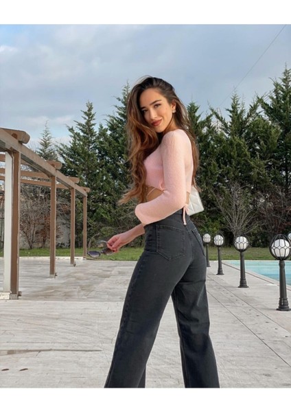 Kadın Siyah Yüksek Bel Likralı Bol Paça Kot Pantolon- Wide Leg indirimleri