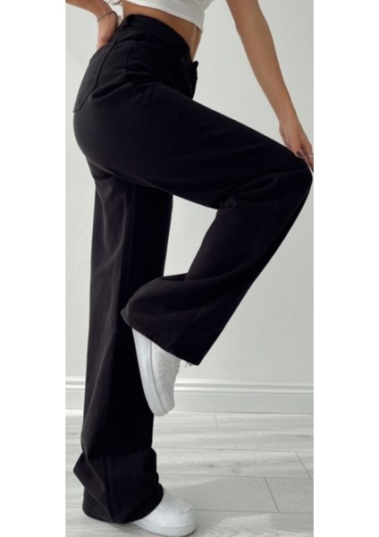 Delfin Solmaz Siyah Likralı Bol Paça Jean -Bol Wide Leg Kot Pantolon fiyatları