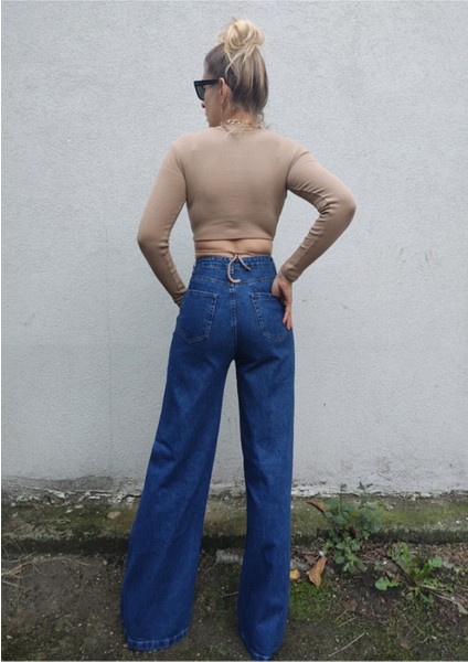 Flechazo Koyu Mavi Likralı Yüksek Bel Wide Leg Jean Salaş Geniş Paça Kot Pantolon fırsatları