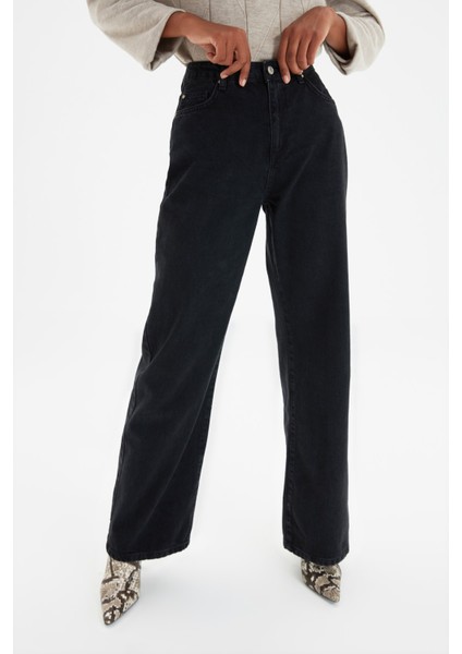 Likralı Süper Yüksek Bel Wide Leg Jean Salaş Geniş Paça Kot Pantolon (Süper Yüksek)