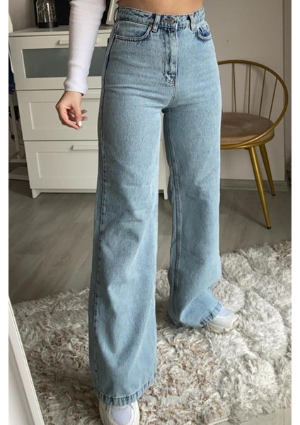 Kadın Glenda Mavi Kar Yıkama Yüksek Bel Likralı Bol Paça Denim Kot Pantolon fırsatları