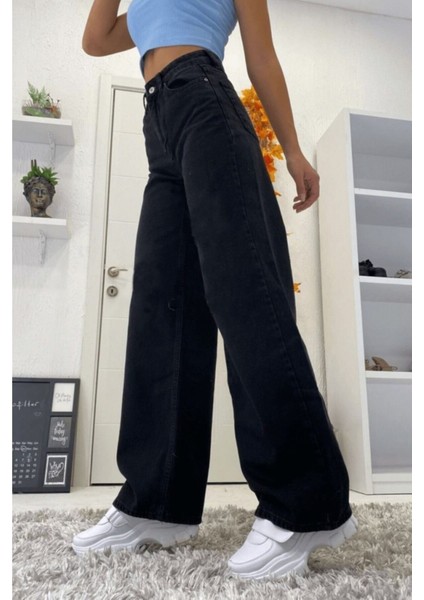 Siyah Salaş Likralı Wide Leg Jeans - Salaş Süper Yüksek Belli Likralı Kot Pantolon fiyatları
