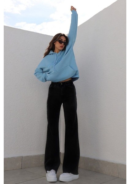 Kadın Siyah Yüksek Bel Geniş Paça Wide Leg Kot Pantolon