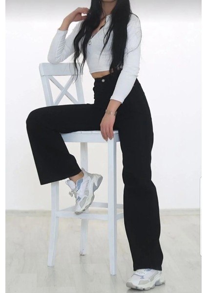 Siyah Süper Yüksek Bel Wide Leg Jeans Likralı Bol Paça Kot Pantolon fırsatları