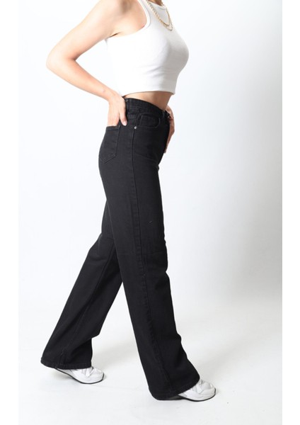 Kadın Siyah Yüksek Bel Geniş Paça Wide Leg Kot Pantolon