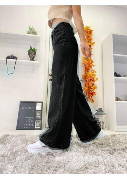 Siyah Rahat Kalıp Wide Leg Jeans - Salaş Süper Yüksek Belli Likralı Kot Pantolon