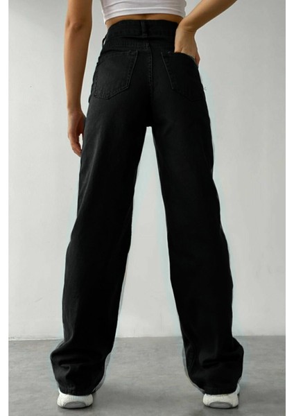 Solmayan Kumaş Siyah Bol Paça Kot Pantolon Süper Yüksek Bel Wide Leg Jeans