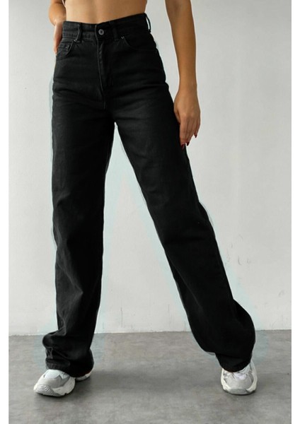 Solmayan Kumaş Siyah Bol Paça Kot Pantolon Süper Yüksek Bel Wide Leg Jeans