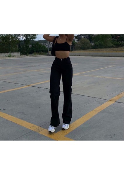 Siyah Süper Yüksek Bel Wide Leg Jeans Salaş Likralı Kot Pantolon ( Süper Yüksek ) modelleri