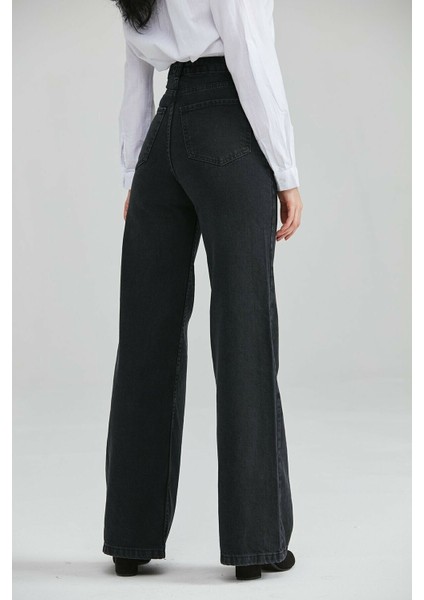 Siyah Yüksek Bel Fermuarlı Wideleg Jean Pantalon fiyatları