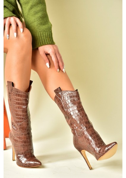 Taba Kroko Baskı Yüksek Ince Topuklu Kadın Bot N372677511 fiyatları