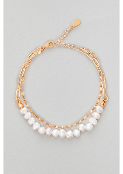 Zincir Detaylı 18 Ayar Beyaz Altın Kaplama 20 cm Gümüş Inci Bileklik