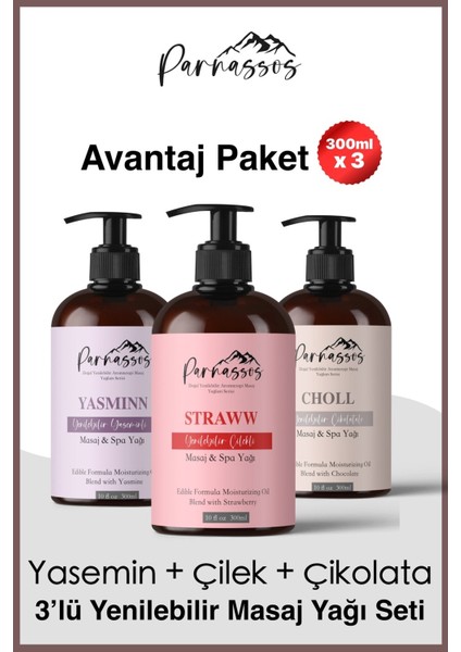 Doğal Çilek ve Yasemin Özlü ve Çikolata Ipeksi Etkili Aromaterapi Masaj Yağı Seti 400 ml