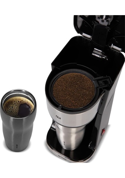 Nice T5 Termotti Çelik Termos Bardaklı Özel Filtre Kahve Makinesi, Paslanmaz Çelik, 750 W, 450 ml Kapasite, Siyah