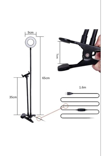 LED Tripod Işıklı Telefon Tutucu Makyaj Işığı Ring Light 9 cm Çap