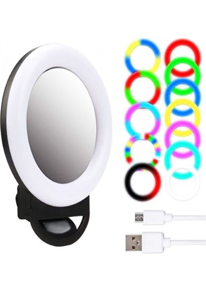 Şarjlı Aynalı Rgb Renkli Ring Light LED Selfie Telefon Pc Yayın Işığı Klipsli 10 cm