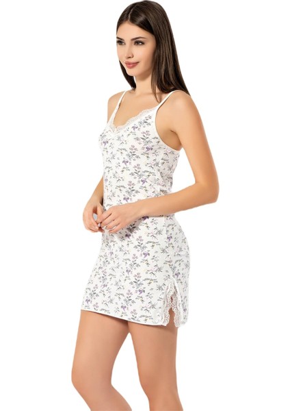 6371 Ince Askılı Çiçek Desen Baskılı Kadın Yırtmaçlı Dantel Kısa Gecelik
