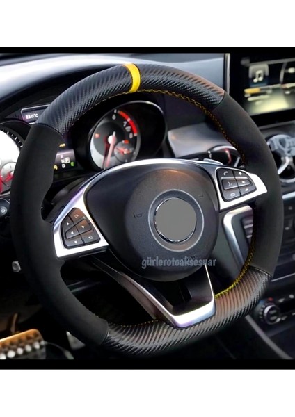 Fiat Fiorino (2010-2021) Dikmeli Direksiyon Kılıfı Carbon Desenli-Alkantra Sarı Yüzük