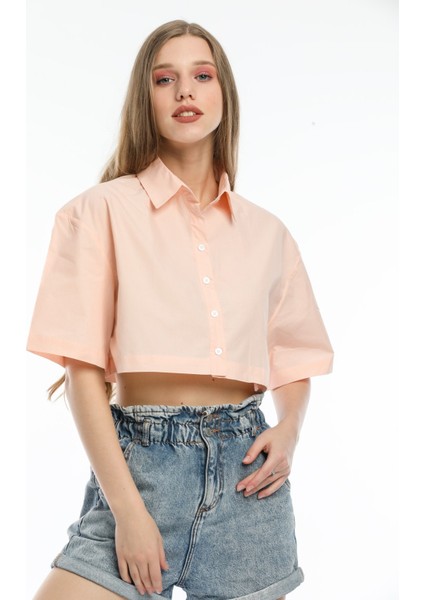 Kadın Turuncu Çizgili Pamuk Oversize Crop Gömlek
