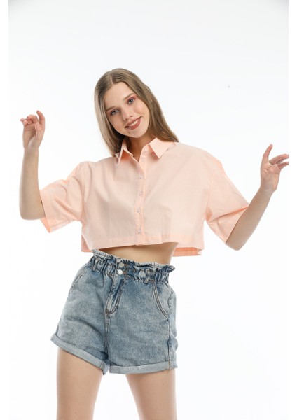 Kadın Turuncu Çizgili Pamuk Oversize Crop Gömlek fiyatları