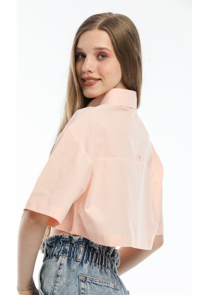 Kadın Turuncu Çizgili Pamuk Oversize Crop Gömlek modelleri