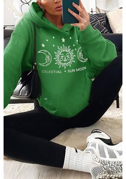 Kadın Bntn Yeşil Celestial 3 Iplik Şardonlu Kapüşonlu Kanguru Oversize Salaş Bol Hoodie Sweatshirt