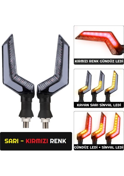 Sarı-Kırmızı Renk Motosiklet Sinyal Ledi Takımı Kayar Drl Sinyal Işığı Uyumlu