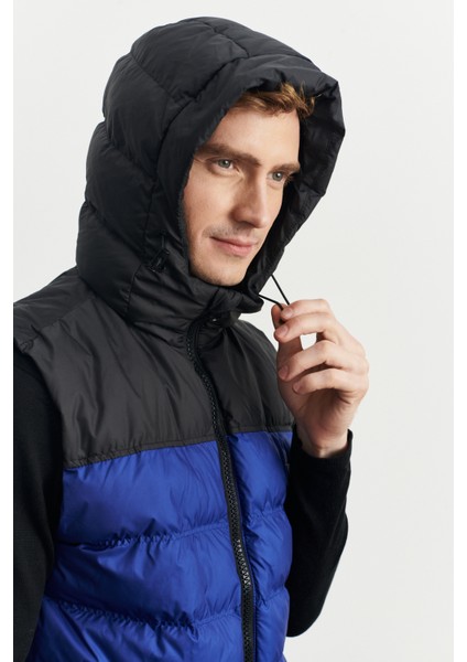 Erkek Sıyah Saks Standart Fit Normal Kesim Kapüşonlu Şişme Yelek