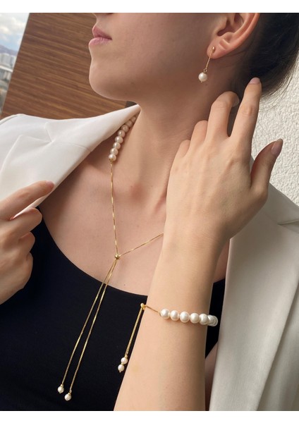 BIRINCI1926 925 Ayar Gümüş Kadın Yarısı Inci Yarsı Zincir Asansörlü 3'lü Set Kolye Küpe Bileklik