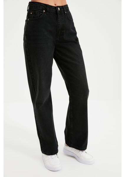 Solmayan Kumaş Siyah Süper Yüksek Bel Bol Paça Jeans Likralı Salaş Geniş Paça Kot Pantolon